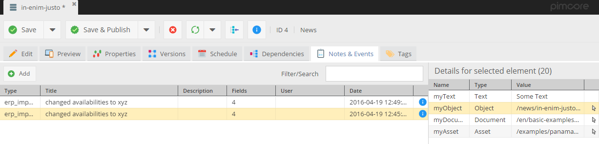 Примечания и События - предпросмотр в сетке